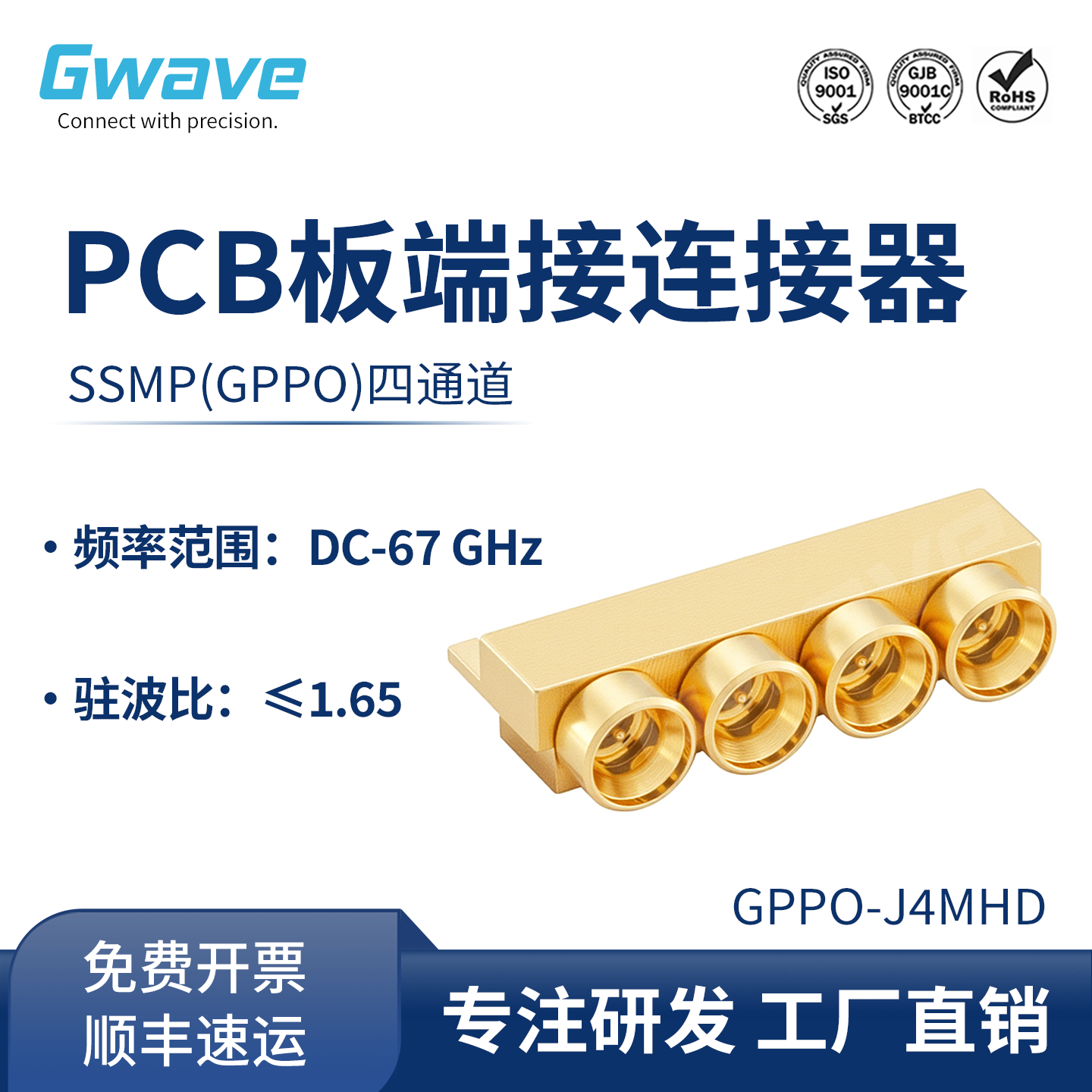 谷波互连SSMP(GPPO)四通道PCB板端接连接器 GPPO-J4MHD DC-67GHz