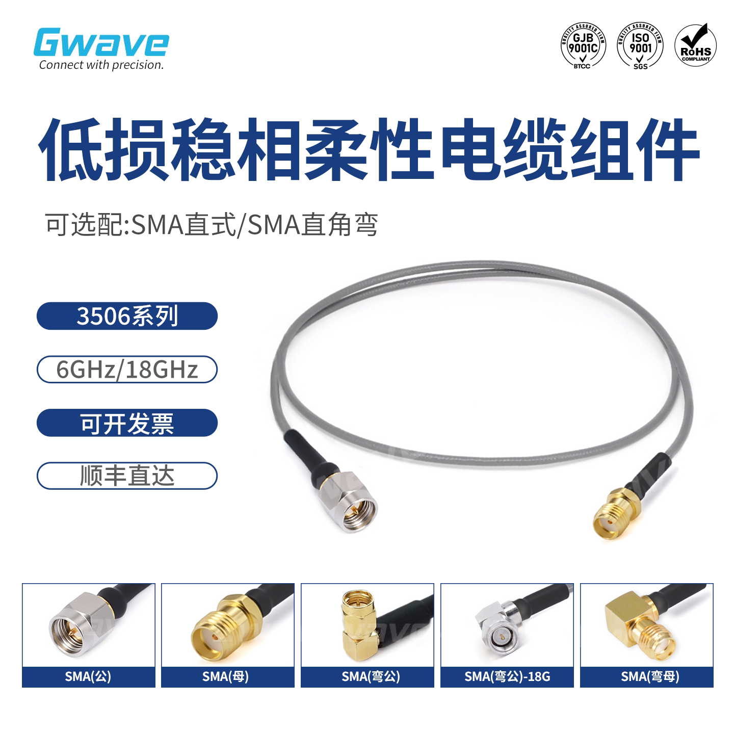 谷波互连SMA射频连接线6G/18G柔性低损稳相线缆 镀银双屏蔽 3506