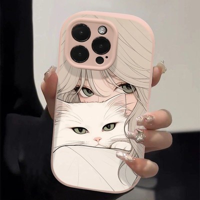 漫画抱猫女孩适用于vivox200 x100手机壳s30pro 新款s19 s18 s17e防摔y35 y55s y77 y93高级感x60 x50保护套