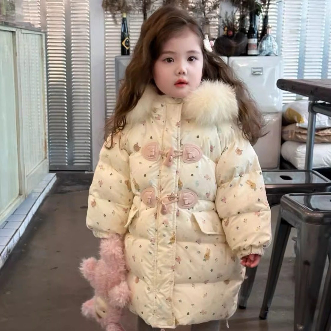 童装新款冬季棉袄冬装女童宝宝洋气加厚碎花连帽羽绒棉服棉衣外套