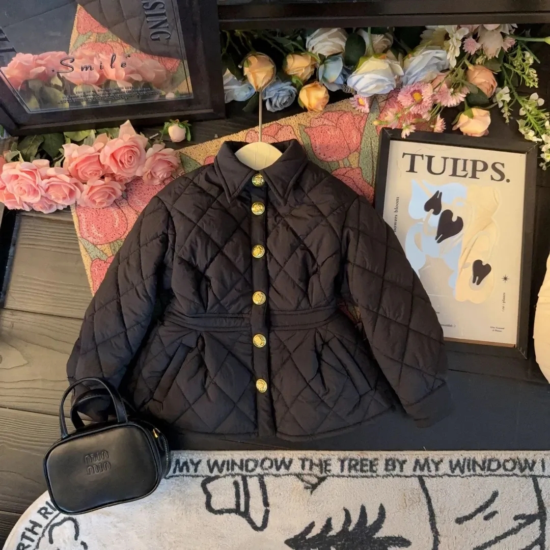 女童冬季休闲外套保暖棉服女宝宝洋气冬装菱格单排扣衬衫领上衣潮