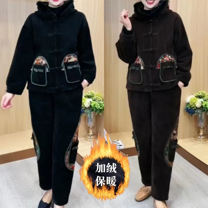 冬季新款妈妈装套装加绒加厚送妈妈送婆婆高档上档次加肥加大上衣