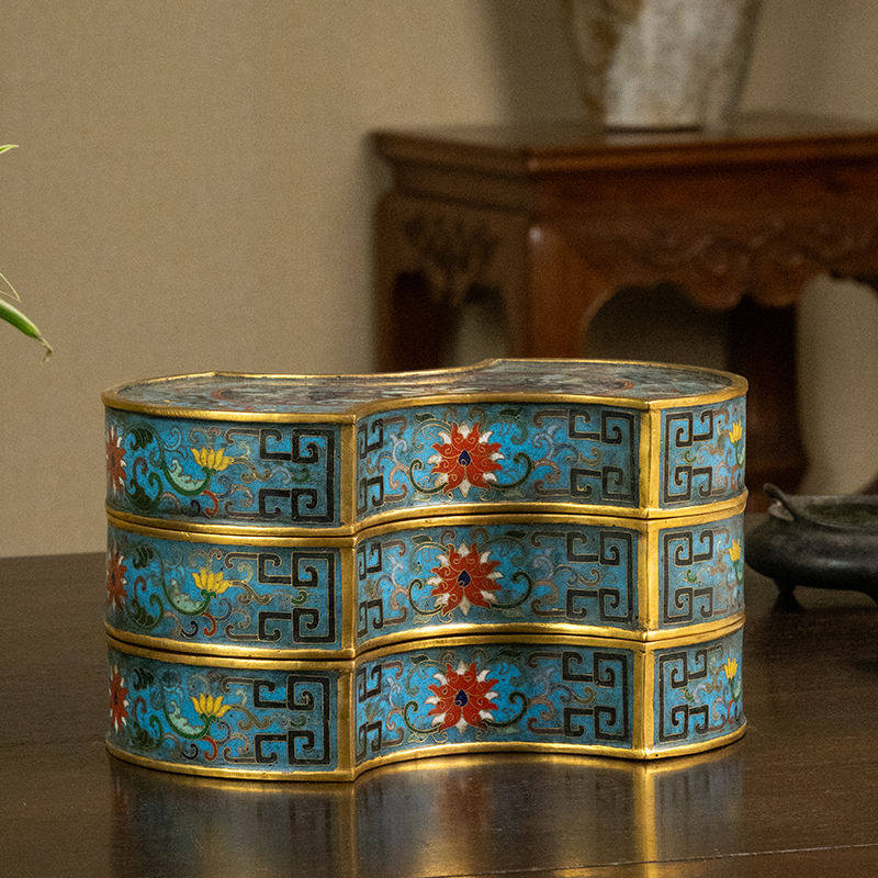 清代 铜胎掐丝珐琅银锭形双层盖盒古玩古董摆件收藏真品首饰盒