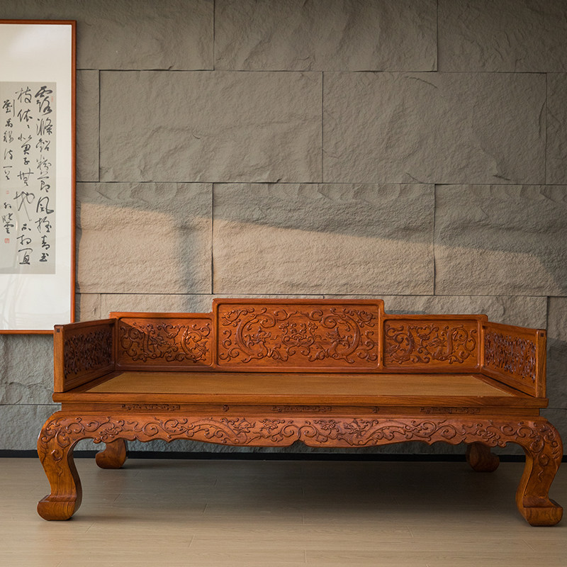 二十世纪黄花梨浮雕螭龙灵芝三弯腿三围屏罗汉床中式古典家具收藏