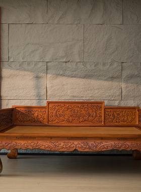 二十世纪黄花梨浮雕螭龙灵芝三弯腿三围屏罗汉床中式古典家具收藏