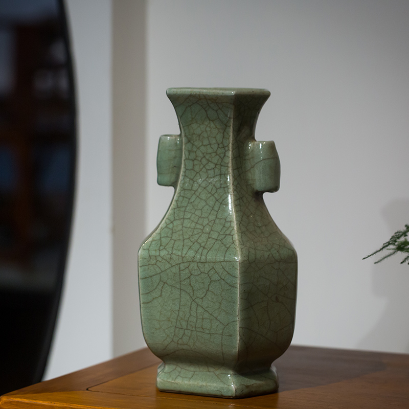 清代仿哥窑六角贯耳瓶古玩古董收藏真品客厅办公室中式瓷器摆件