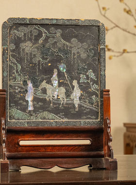 大漆螺钿人物诗文插屏摆件