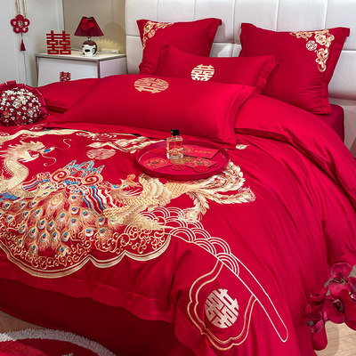 高档中式龙凤刺绣结婚四件套大红色床单全棉纯棉喜被婚庆床上用品
