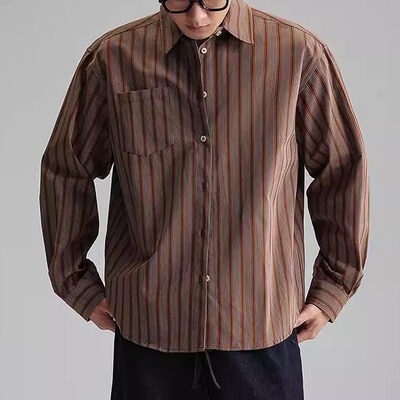 2026早春新款美式复古条纹硬挺长袖衬衫男士宽松休闲复古衬衣外套