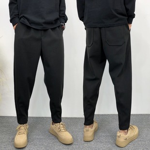 裤子男春秋季潮休闲裤小直筒宽松阔腿裤痞帅高级感黑色毛呢裤子男