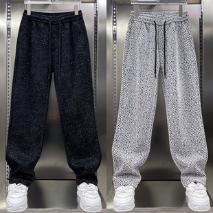 潮牌提花针织加绒加厚休闲裤男士秋冬季新款宽松时尚百搭直筒裤子