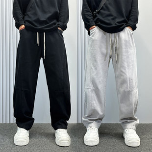 美式潮牌圆月弯刀裤男士秋季宽松阔腿休闲裤纯色斜切高街直筒裤子