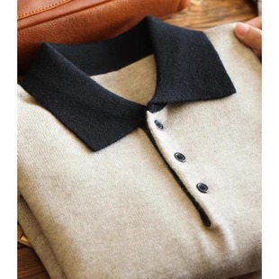 2025秋冬新款老钱风撞色POLO领毛衣男士高支细针抗起球休闲针织衫