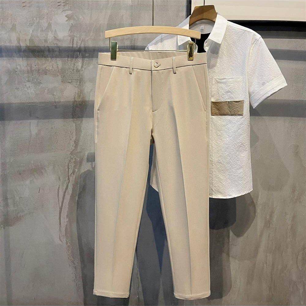 2026新款卡其色英伦风九分西裤男免烫百搭休闲裤韩版小脚修身裤子