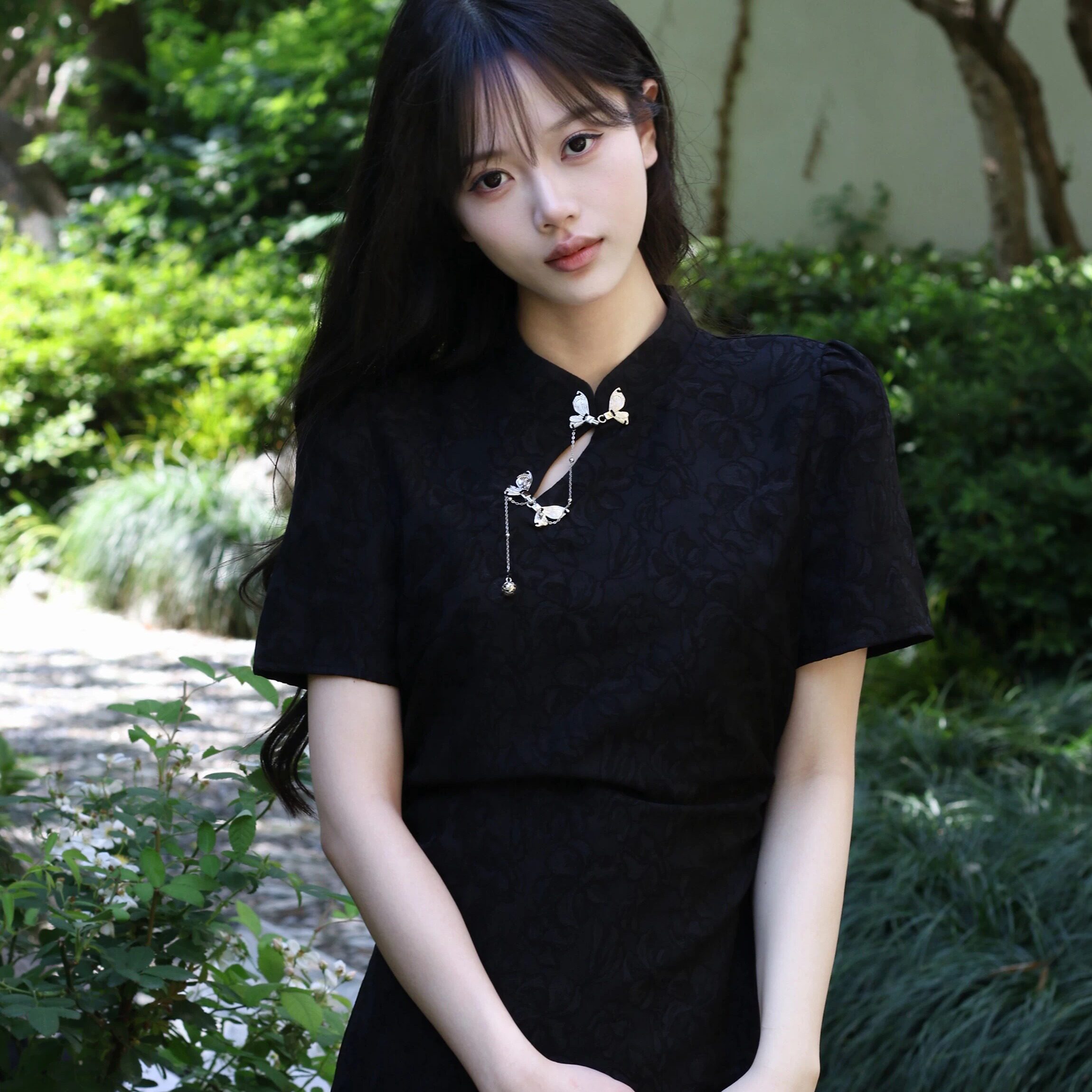 黑色端庄新中式旗袍礼服连衣裙