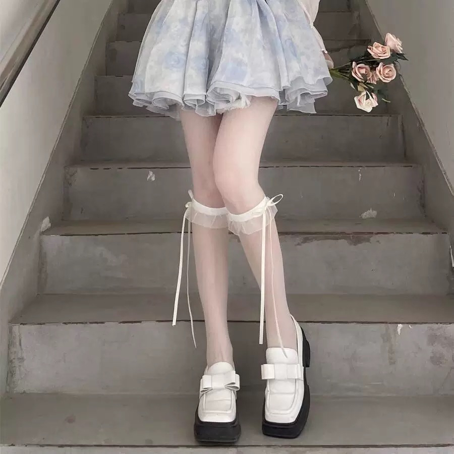 春夏薄纯欲风花边小腿袜可爱飘带蝴蝶结jk袜子洛丽塔中筒袜