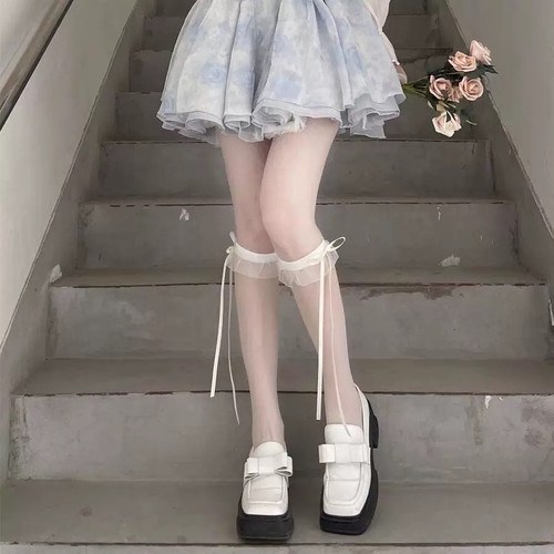 春夏薄纯欲风花边小腿袜可爱飘带蝴蝶结jk袜子洛丽塔中筒袜