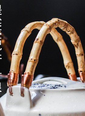 提梁壶把手茶壶配件竹制手提单提手竹根铜线手工编织日式提壶手把