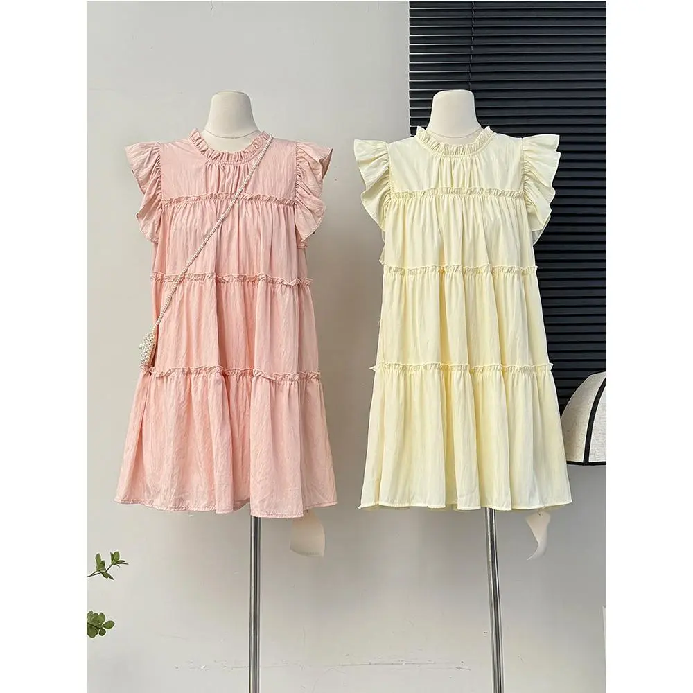 复古纯色木耳边拼接小飞袖娃娃裙女夏季设计感褶皱宽松层层大摆裙