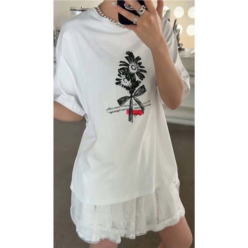 现货诗歌兰 2589巨美个性街头拼接亮片蕾丝向日葵T恤裙25夏季款