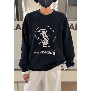 秒发诗歌兰214复古美式 新 校园风圆领印花破洞加绒卫衣女2025冬季