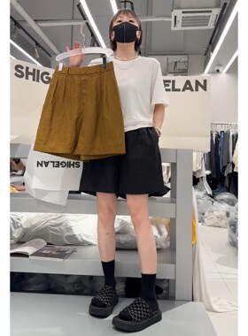 秒发诗歌兰58221时髦气质南瓜色后松紧腰麻料短袖25秋季新款女装