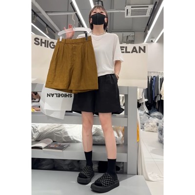 秒发诗歌兰58221时髦气质南瓜色后松紧腰麻料短袖25秋季新款女装