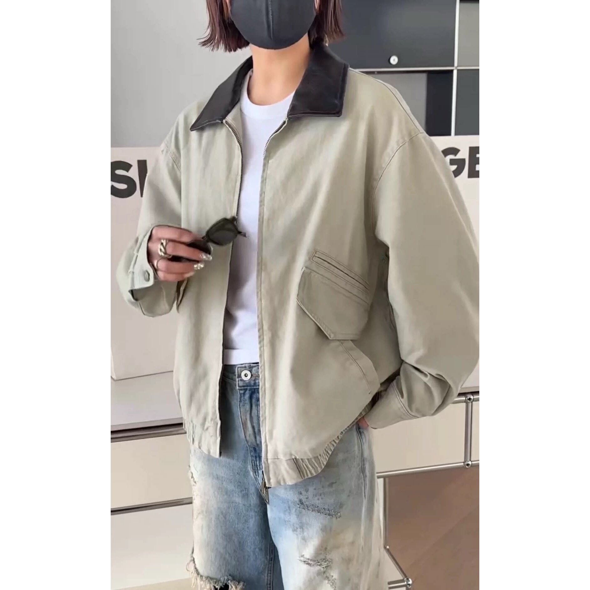 正品诗歌兰女装2026春款244171设计感简约小众夹克拼皮翻领外套