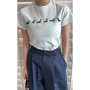 秒发高级感2025秋季诗歌兰3456时髦白色印花卡通图案修身短袖上衣
