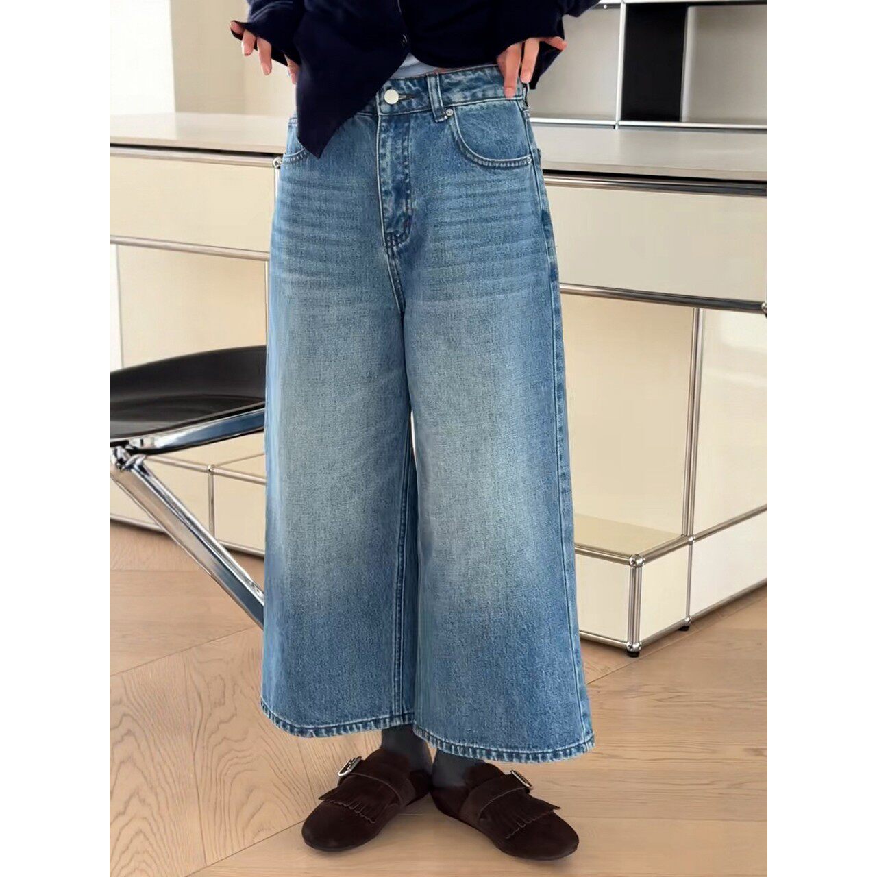 秒发诗歌兰73116时髦简约九分阔腿牛仔裤百搭显瘦女春款新款2026