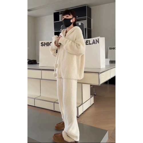 秒发诗歌兰09772舒适舒适温柔半边绒帽衫+长裤家居套装2025新冬