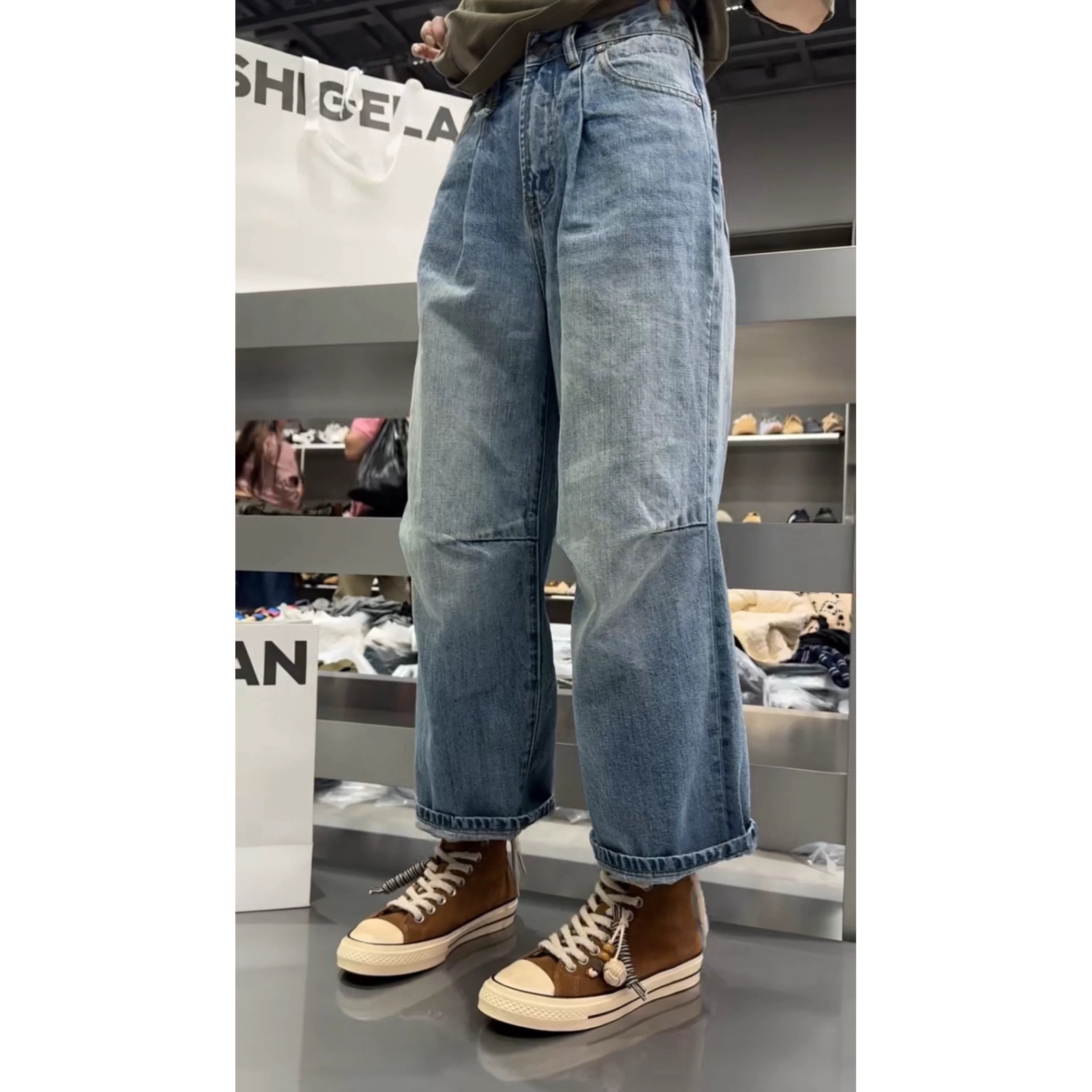 现货诗歌兰C13221复古街头个性九分直筒裤面包裤牛仔裤女百搭2025