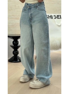 秒发诗歌兰16998潮流休闲个性斜扣高腰直筒牛仔裤女2026春季新款