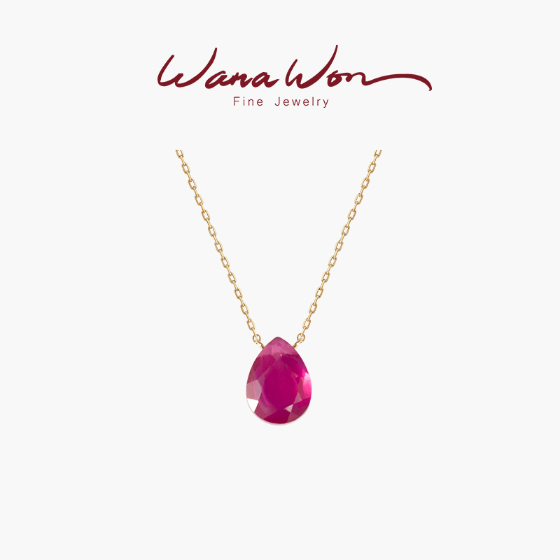 WANAWON新款水滴型立体天然红宝石绿玉髓项链女简约高级百搭14K金