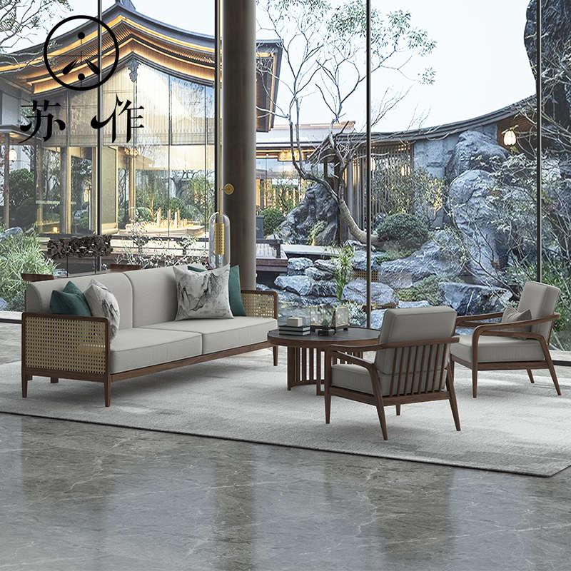 新中式售楼处实木藤编原木色直排沙发酒店大堂接待会客洽谈沙发