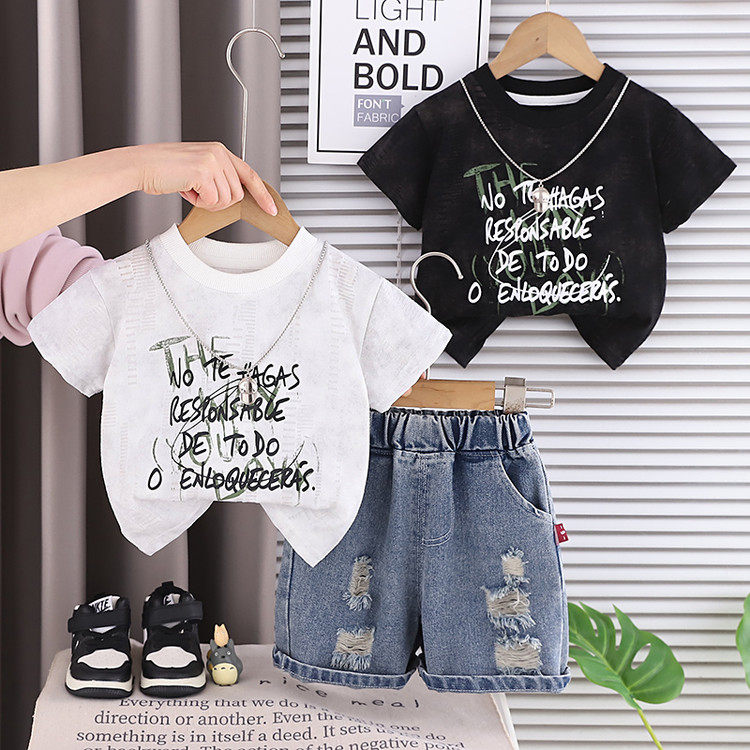 男童夏韩版套头潮酷套装2026夏款新款字母短袖T恤牛仔短裤两件套