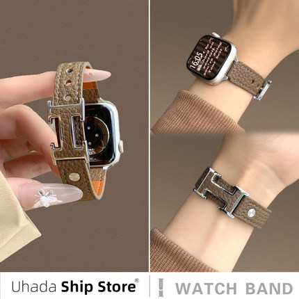 uhada适用苹果手表表带新款iwatch表带皮质荔枝纹H双钉扣智能运动applewatch表带iWatch8/7/6/5秋冬s10女表带