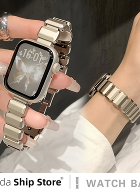 uhada适用苹果手表表带新款小方糖金属链条iwatch表带高级菱光蝴蝶扣applewatch表带小香风女苹果手表11表带