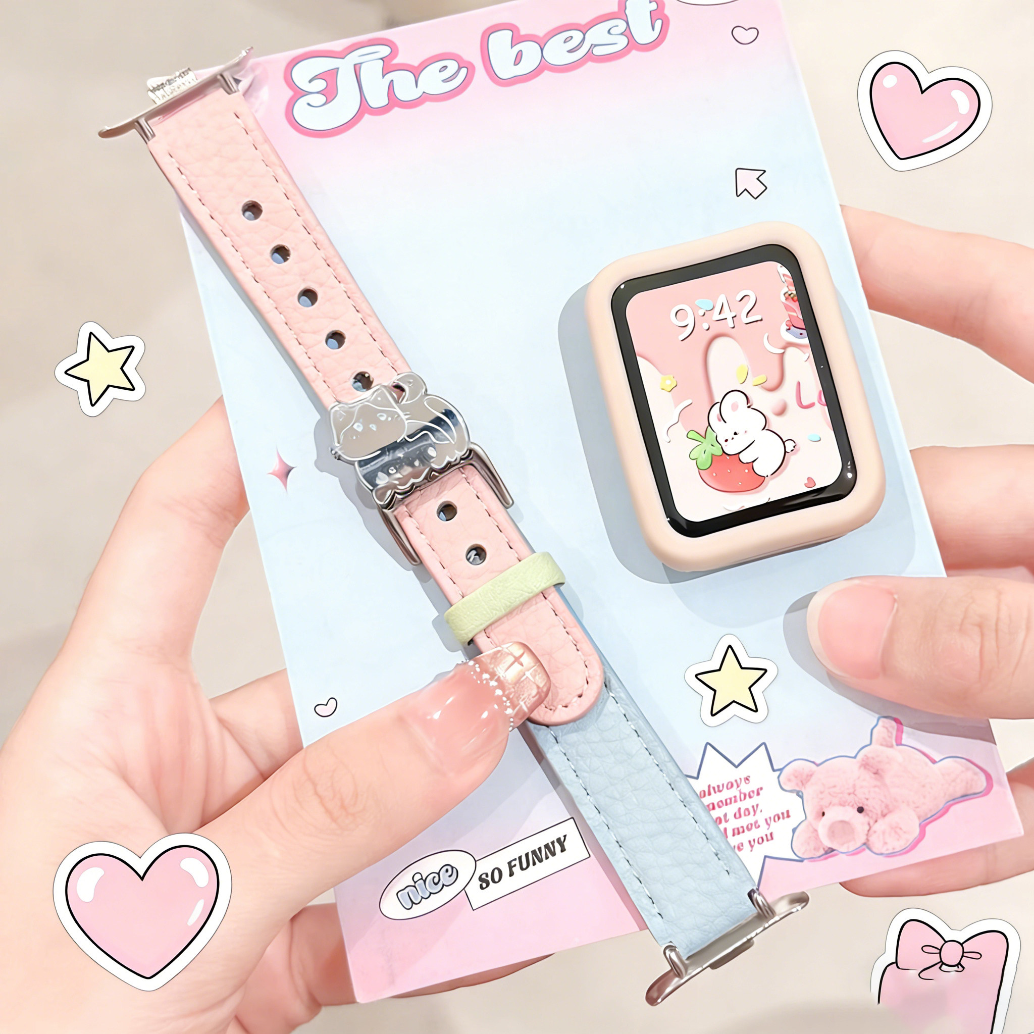 uhada适用小米手环9pro表带秋冬高级新款皮质荔枝纹小米手环10pro表带可爱泡芙小猫红米watch6表带小红书同款