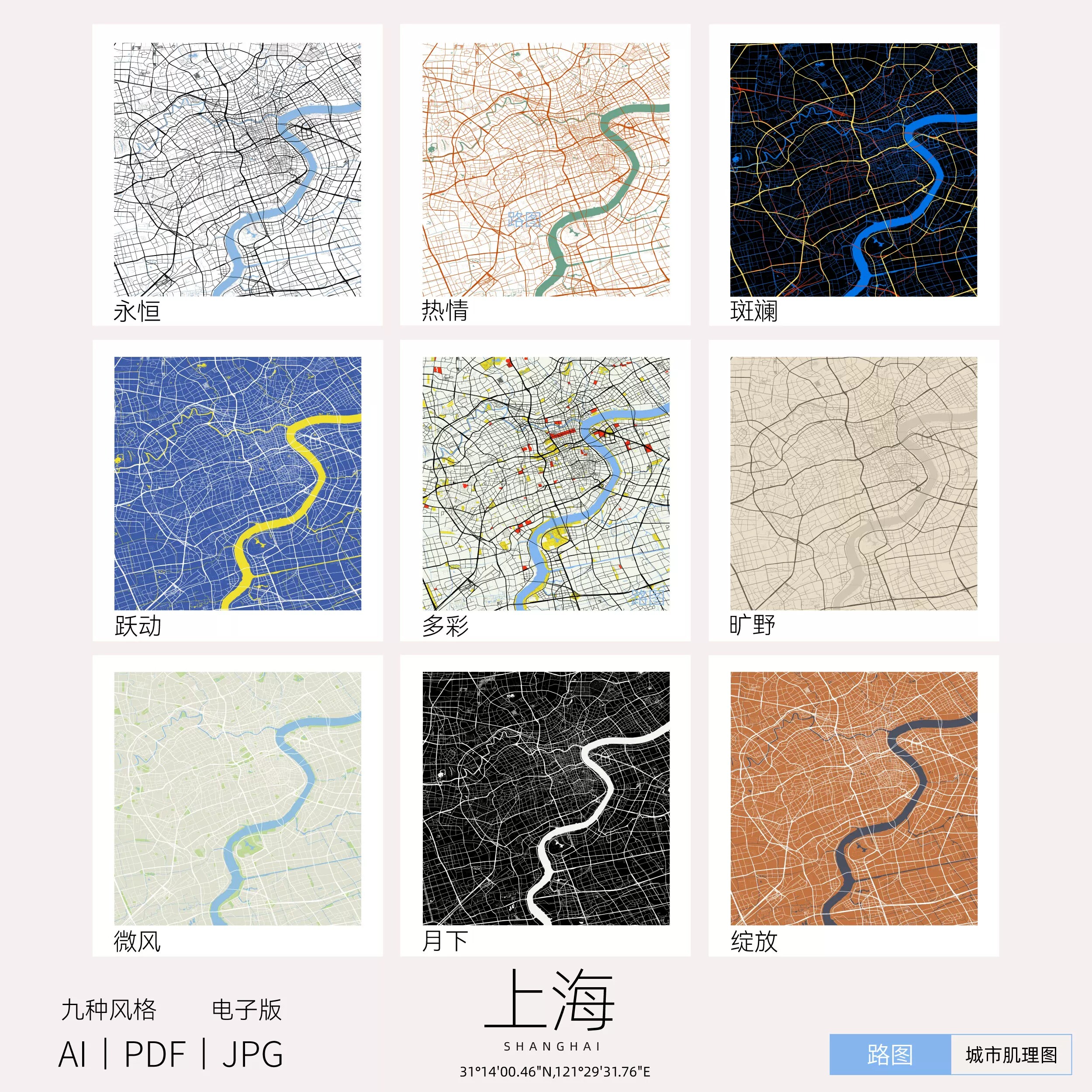 上海市城市肌理路网PDF全域矢量AI地图电子素材JPG图画