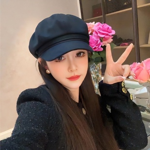黑色八角帽子女秋冬季韩版百搭鸭舌帽日系网红大头围显脸小画家帽