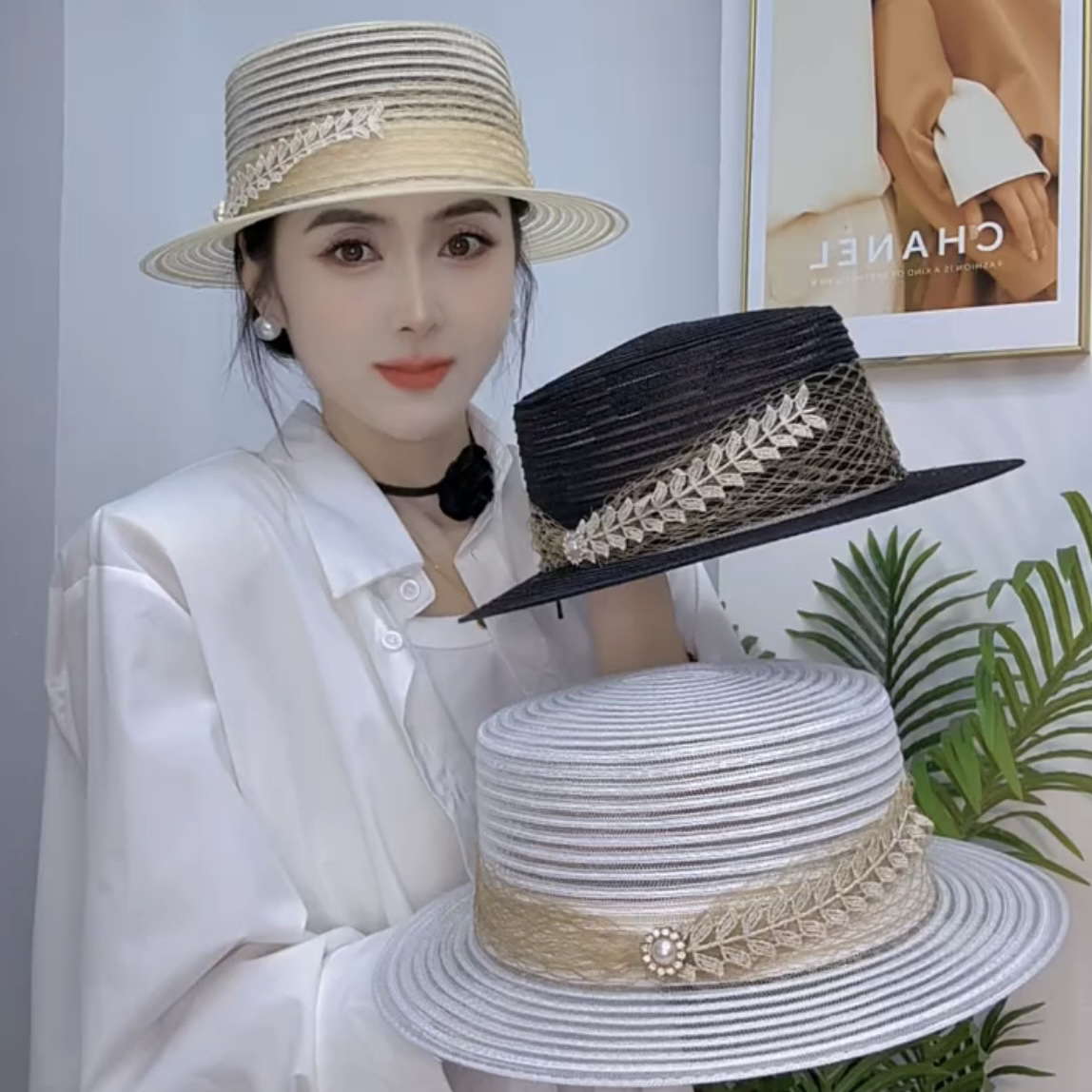 法式网纱平顶礼帽子女夏季薄款透气百搭遮阳帽草帽旅游度假沙滩帽