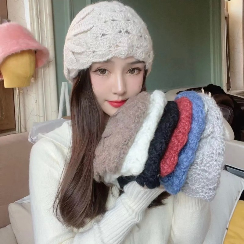 韩版百搭镂空钩花包头帽子女秋冬日系文艺针织帽甜美时尚毛线帽潮