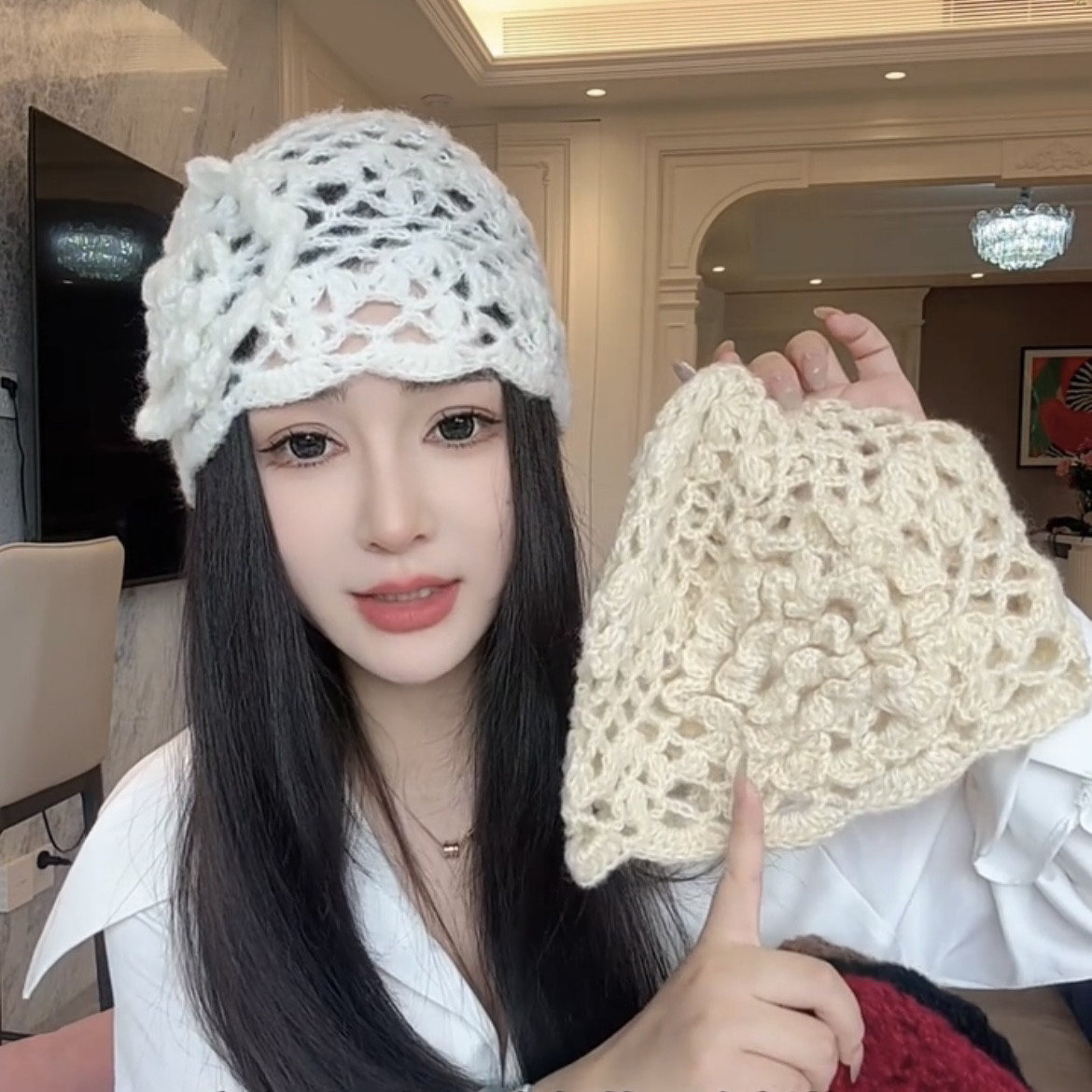 原创设计手工立体钩花镂空包头帽女秋冬优雅个性针织冷帽