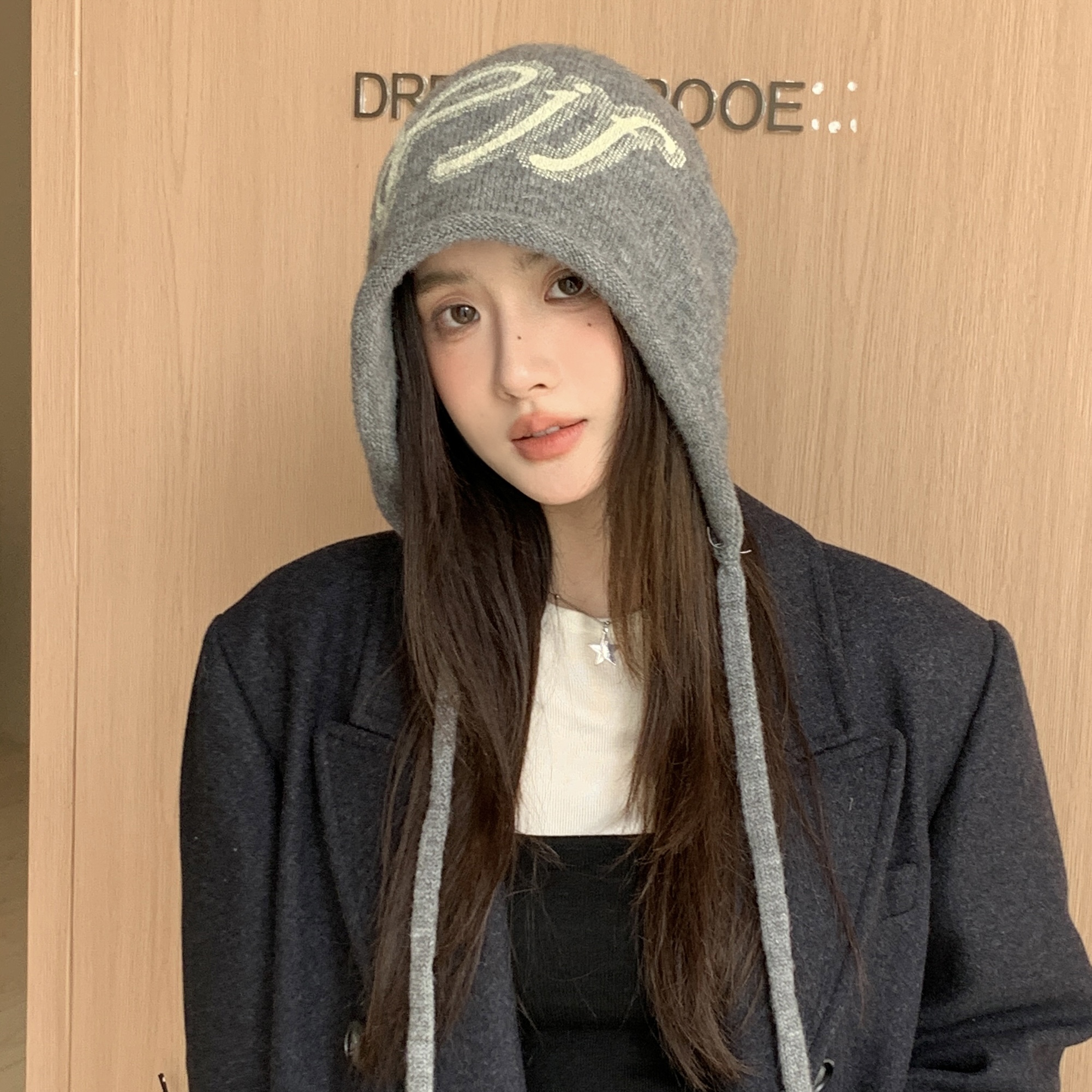 韩版百搭字母提花绑带针织帽子女秋冬保暖包头帽大头围显脸小冷帽