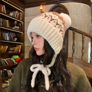 复古费尔岛风针织帽子女冬季加绒保暖显脸小护耳帽滑雪防寒雷锋帽