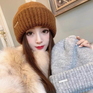 毛线帽子女秋冬季韩版百搭显脸小针织帽网红日系大头围护耳保暖帽
