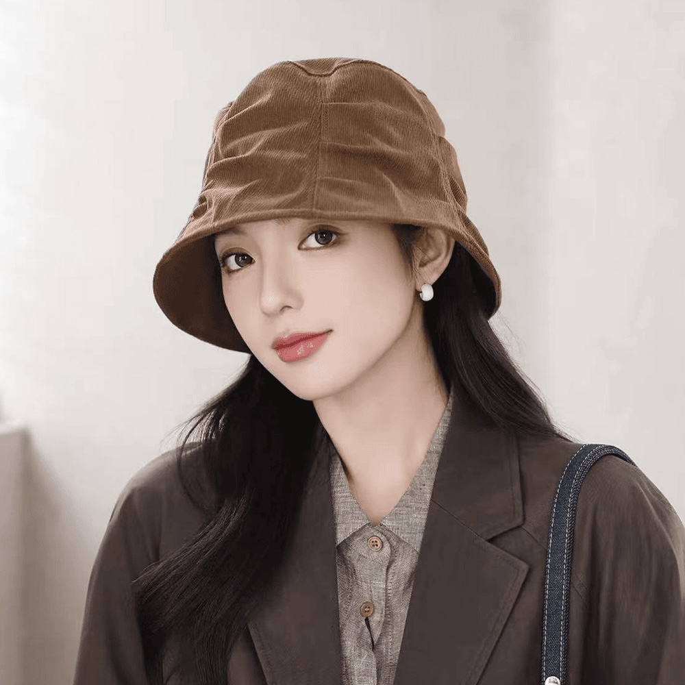 复古褶皱百搭灯芯绒渔夫帽女秋冬