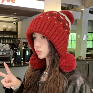 复古费尔岛风红色针织帽子女秋冬季加绒保暖护耳帽滑雪防寒毛线帽