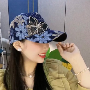 防晒遮阳帽潮 蕾丝透气鸭舌帽子女网红水钻蝴蝶棒球帽时尚 夏季 薄款